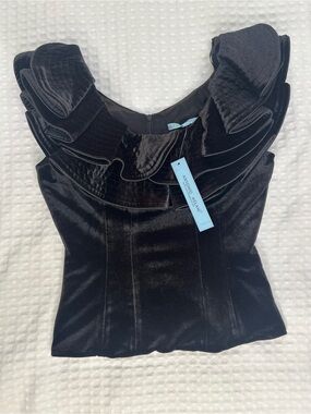 ANTONIO MELANI Black Velvet Ruffle-Neck Sleeveless Top